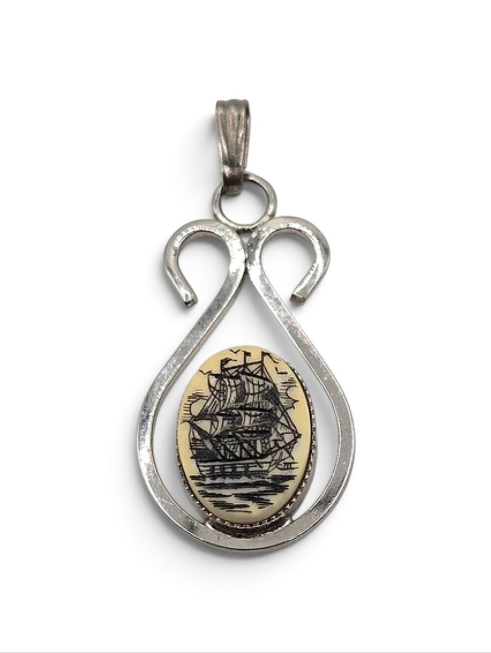 Vintage Verna Sailing Ship Pendant Nautical Scrimshaw Style Marked Sterling